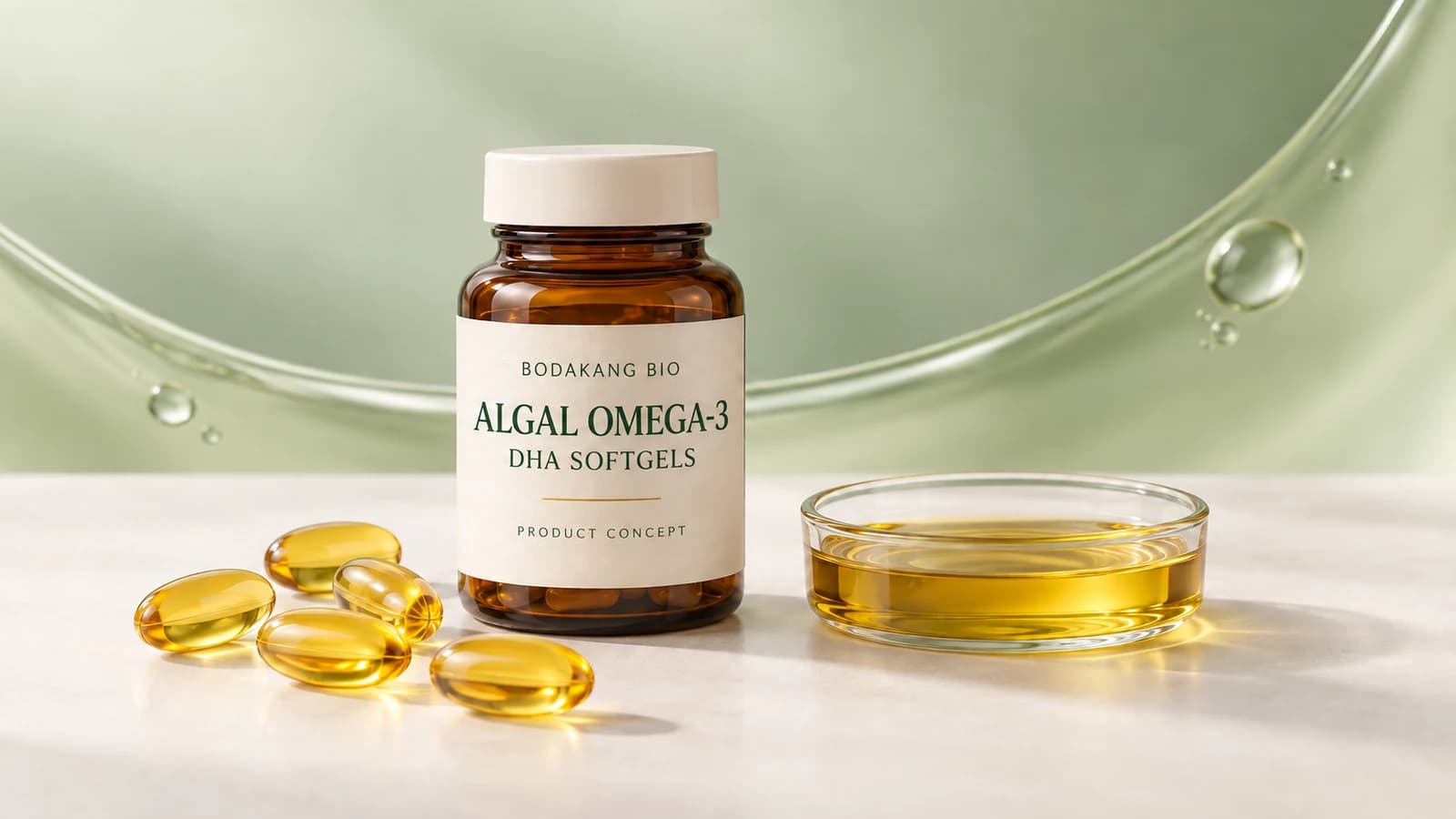 Bodakang Bio algal omega-3 DHA softgel product concept with golden capsules and an oil sample
