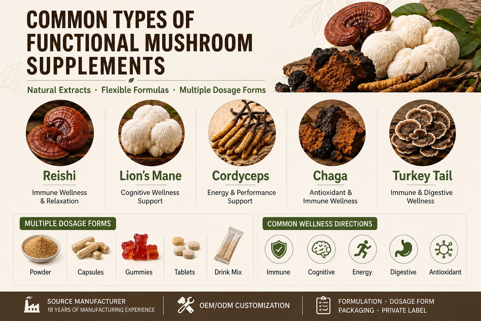 Functional mushroom supplement types including reishi, lion's mane, cordyceps, chaga and turkey tail