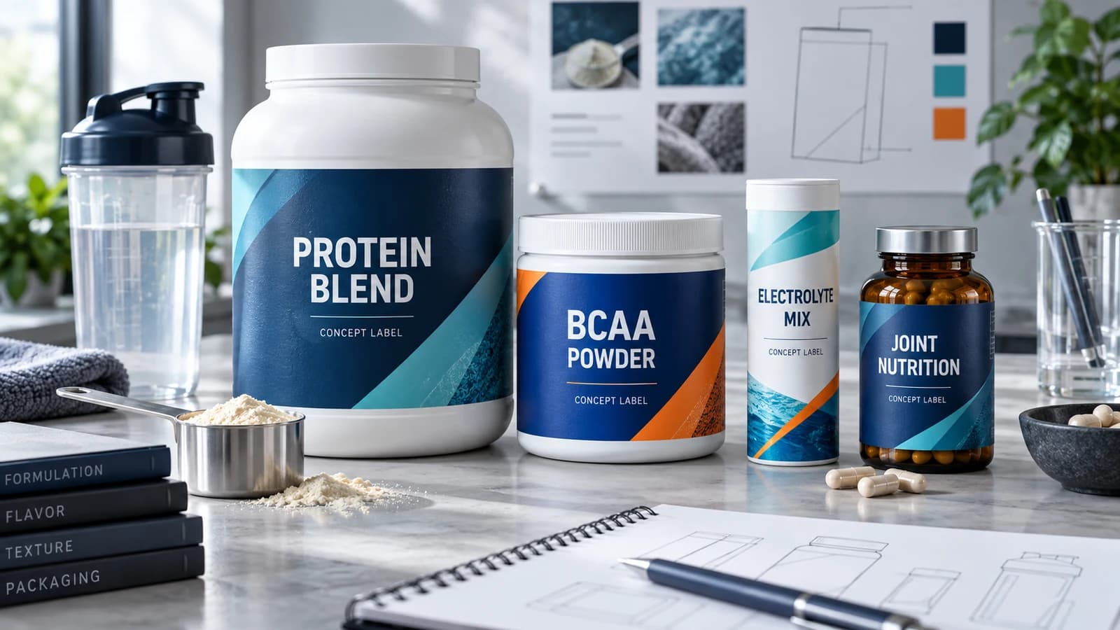 Illustrative protein, BCAA, electrolyte and joint nutrition concept packages for sports nutrition product development