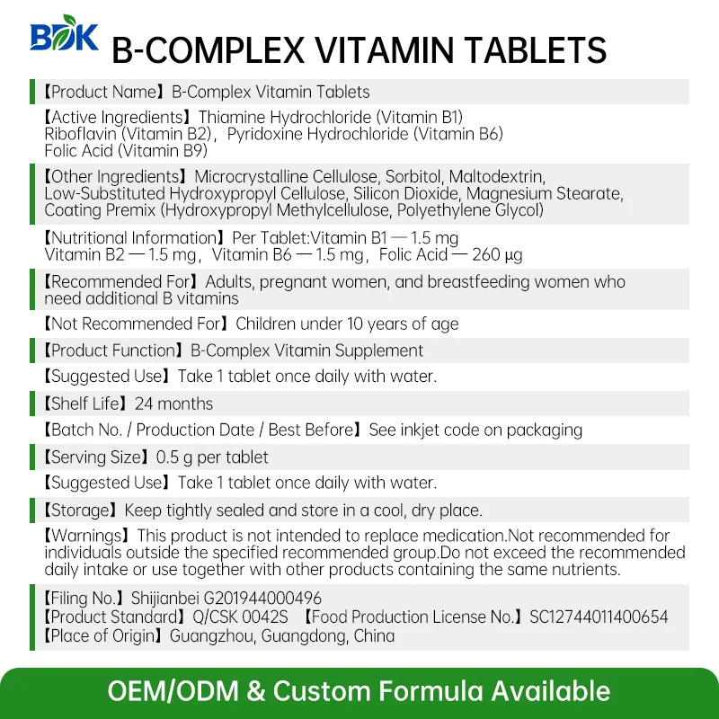 B-Complex Vitamin Tablets supplied product information with ingredients, serving size and cautions