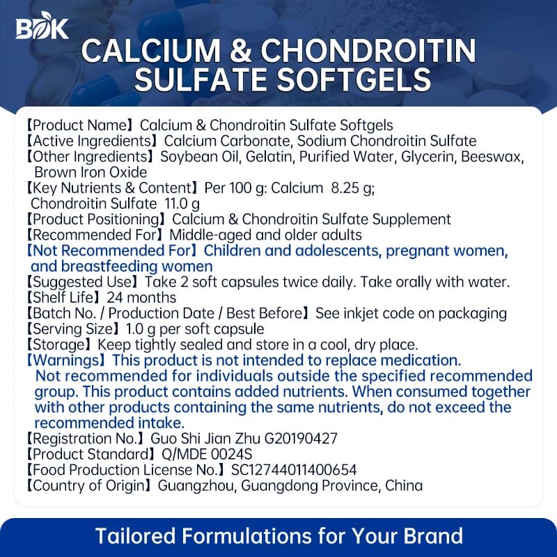 Calcium & Chondroitin Sulfate Softgels supplied product information with ingredients, serving size and cautions