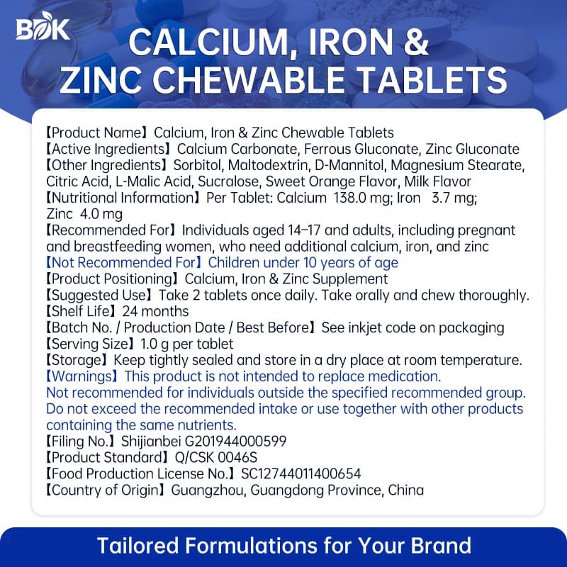 Calcium, Iron & Zinc Chewable Tablets supplied product information with ingredients, serving size and cautions