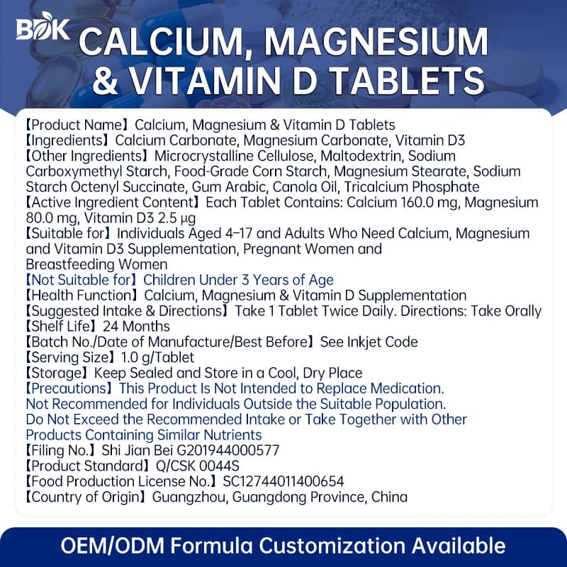 Calcium, Magnesium & Vitamin D Tablets supplied product information with ingredients, serving size and cautions