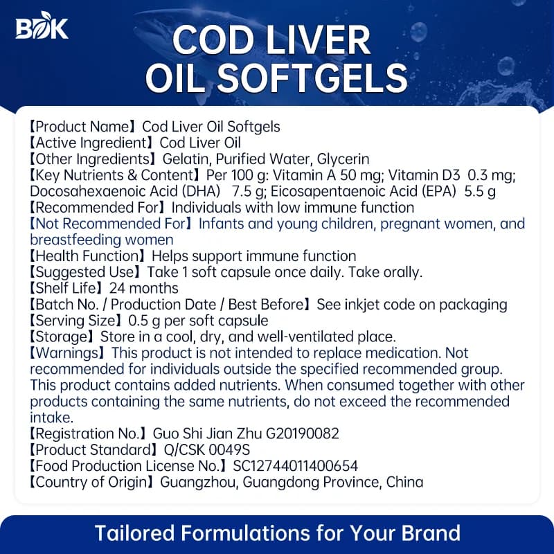 Cod Liver Oil Softgels supplied product information with ingredients, serving size and cautions