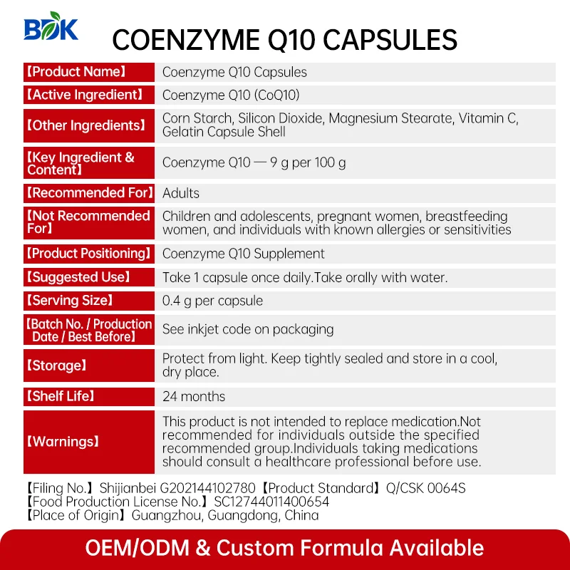 Coenzyme Q10 Capsules supplied product information with ingredients, serving size and cautions