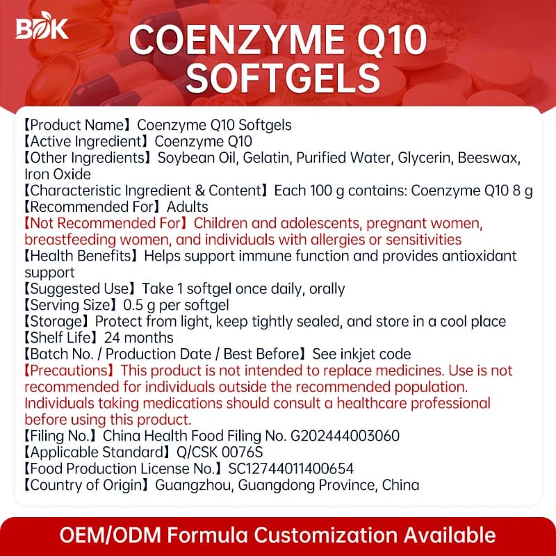 Coenzyme Q10 Softgels supplied product information with ingredients, serving size and cautions
