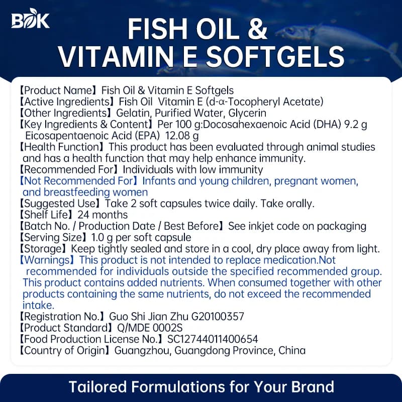 Fish Oil & Vitamin E Softgels supplied product information with ingredients, serving size and cautions