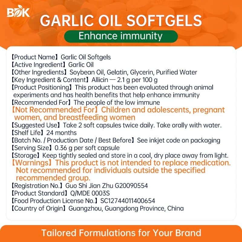 Garlic Oil Softgels supplied product information with ingredients, serving size and cautions