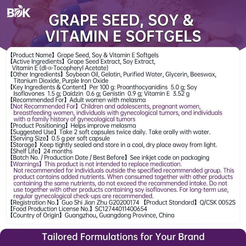 Grape Seed, Soy & Vitamin E Softgels supplied product information with ingredients, serving size and cautions