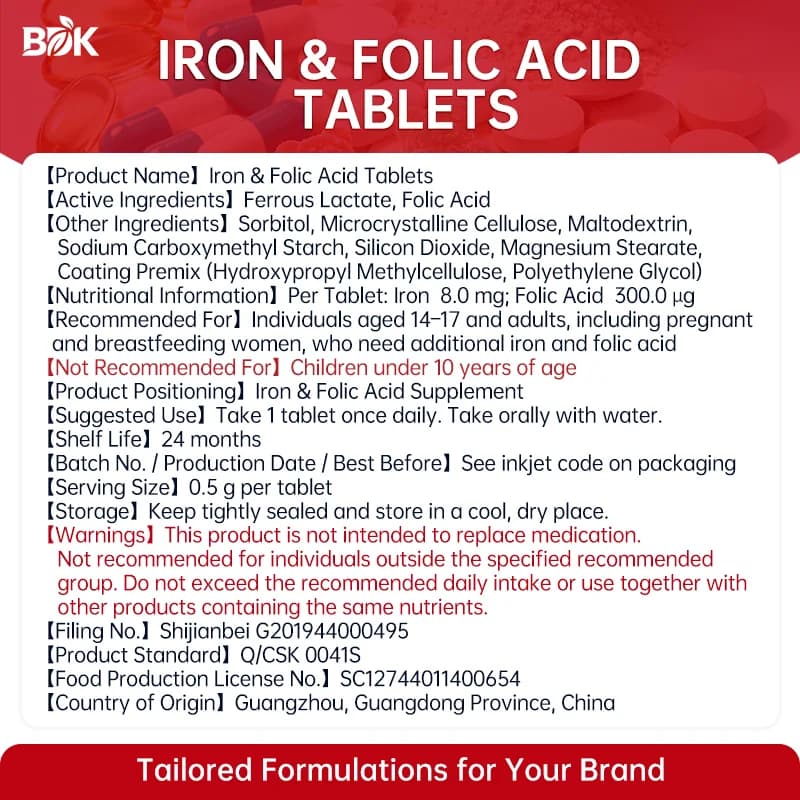 Iron & Folic Acid Tablets supplied product information with ingredients, serving size and cautions