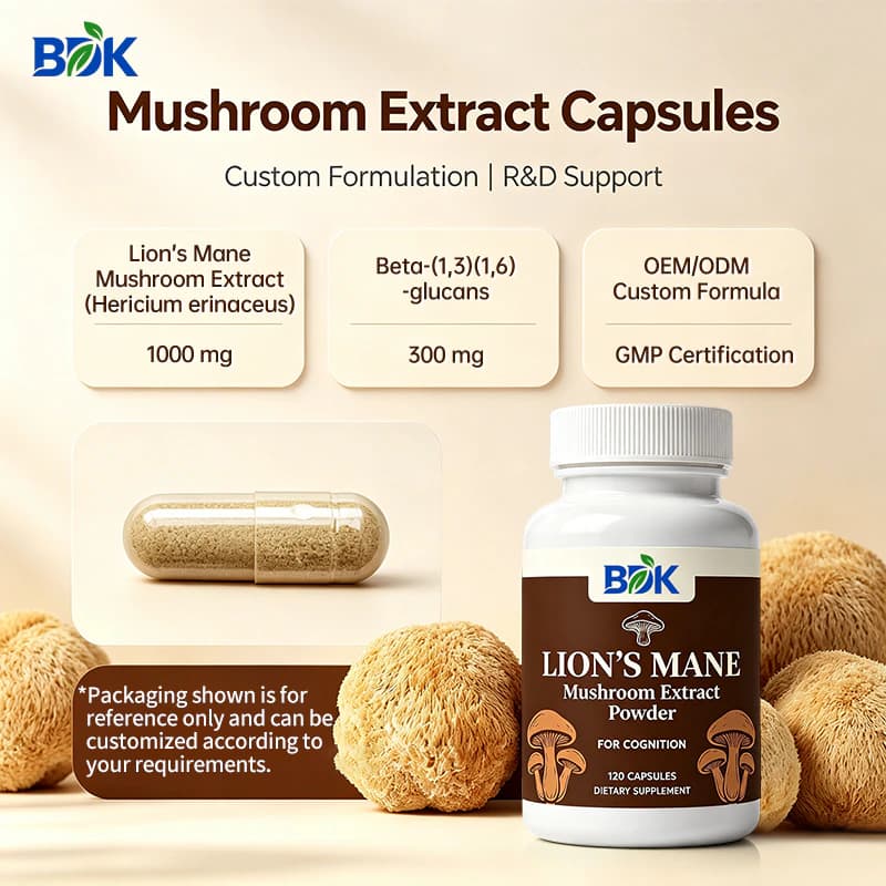 Lion's Mane Mushroom Extract Capsules supplied product information with ingredients, serving size and cautions