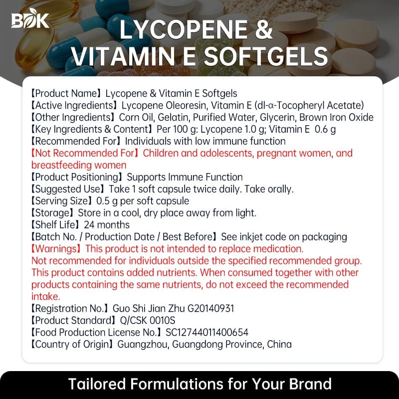 Lycopene & Vitamin E Softgels supplied product information with ingredients, serving size and cautions