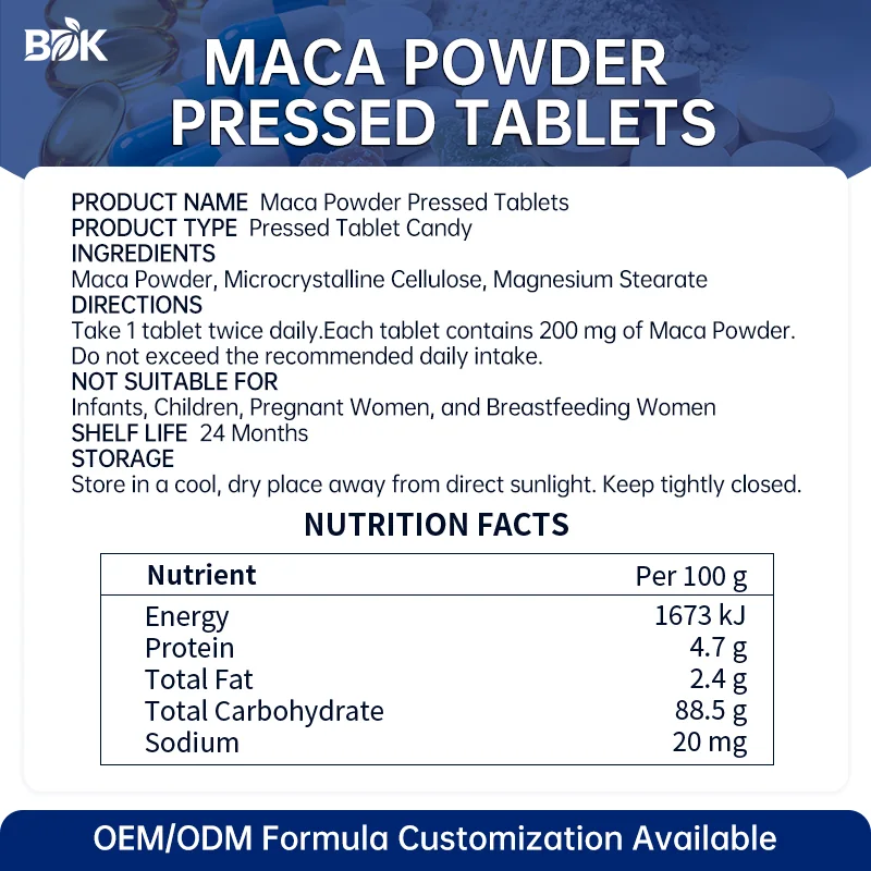 Maca Powder Pressed Tablets supplied product information with ingredients, serving size and cautions