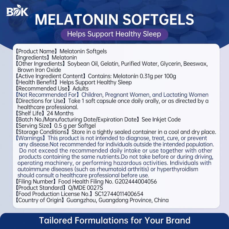 Melatonin Softgels supplied product information with ingredients, serving size and cautions