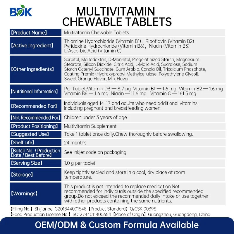 Multivitamin Chewable Tablets supplied product information with ingredients, serving size and cautions