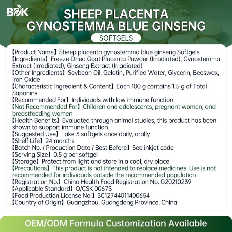 Placenta, Gynostemma & Ginseng Softgels supplied product information with ingredients, serving size and cautions