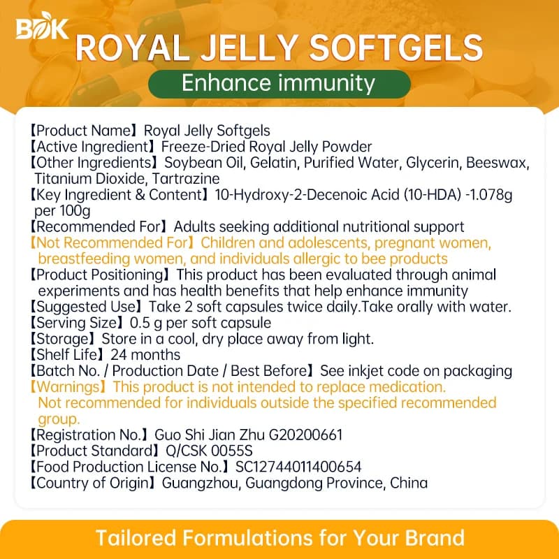Royal Jelly Softgels supplied product information with ingredients, serving size and cautions