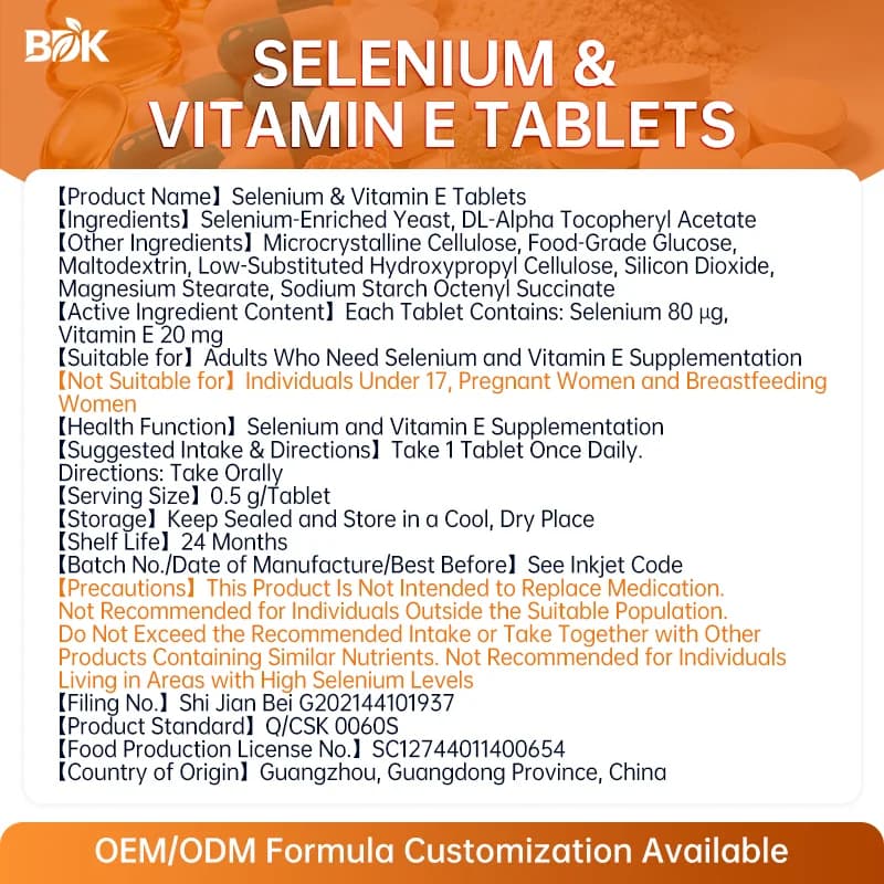 Selenium & Vitamin E Tablets supplied product information with ingredients, serving size and cautions
