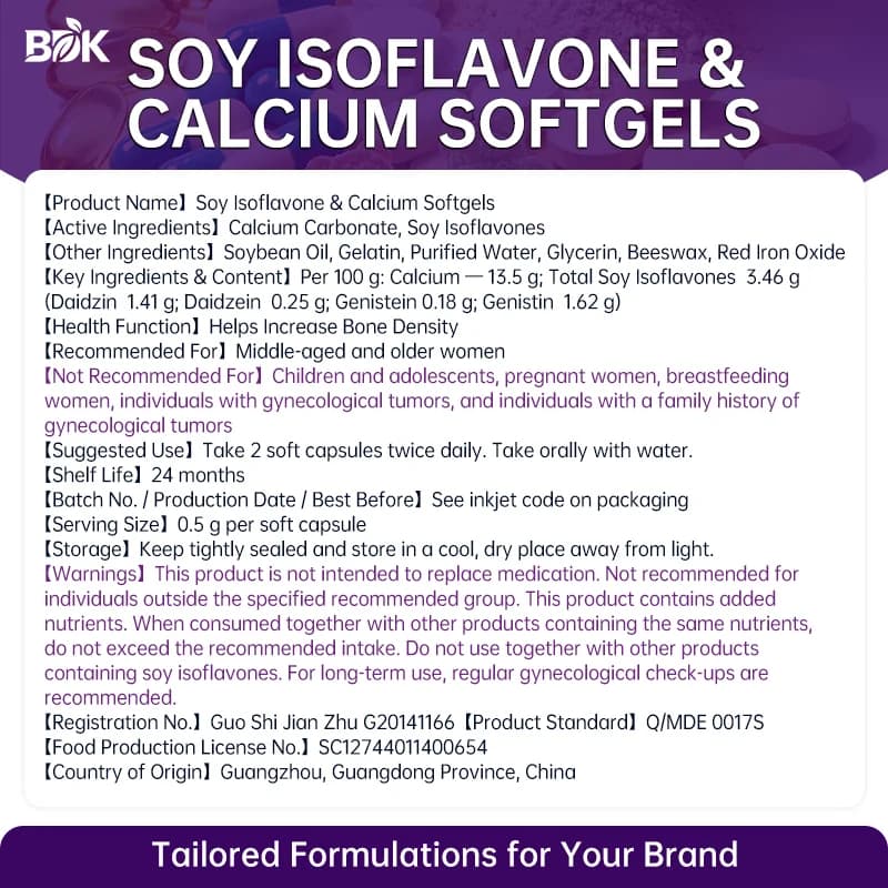 Soy Isoflavone & Calcium Softgels supplied product information with ingredients, serving size and cautions