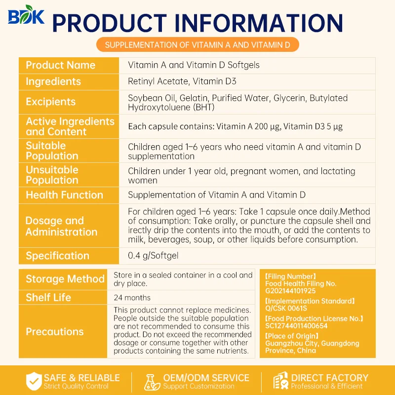 Vitamin A & D Softgels supplied product information with ingredients, serving size and cautions