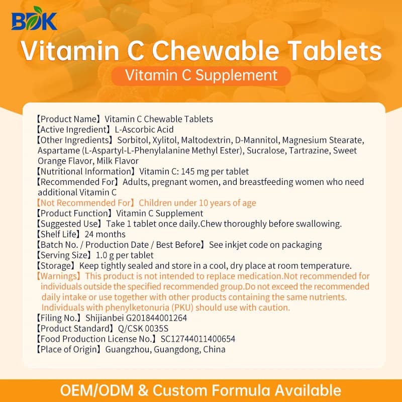Vitamin C Chewable Tablets supplied product information with ingredients, serving size and cautions