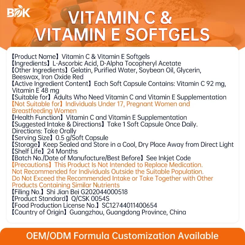 Vitamin C & Vitamin E Softgels supplied product information with ingredients, serving size and cautions