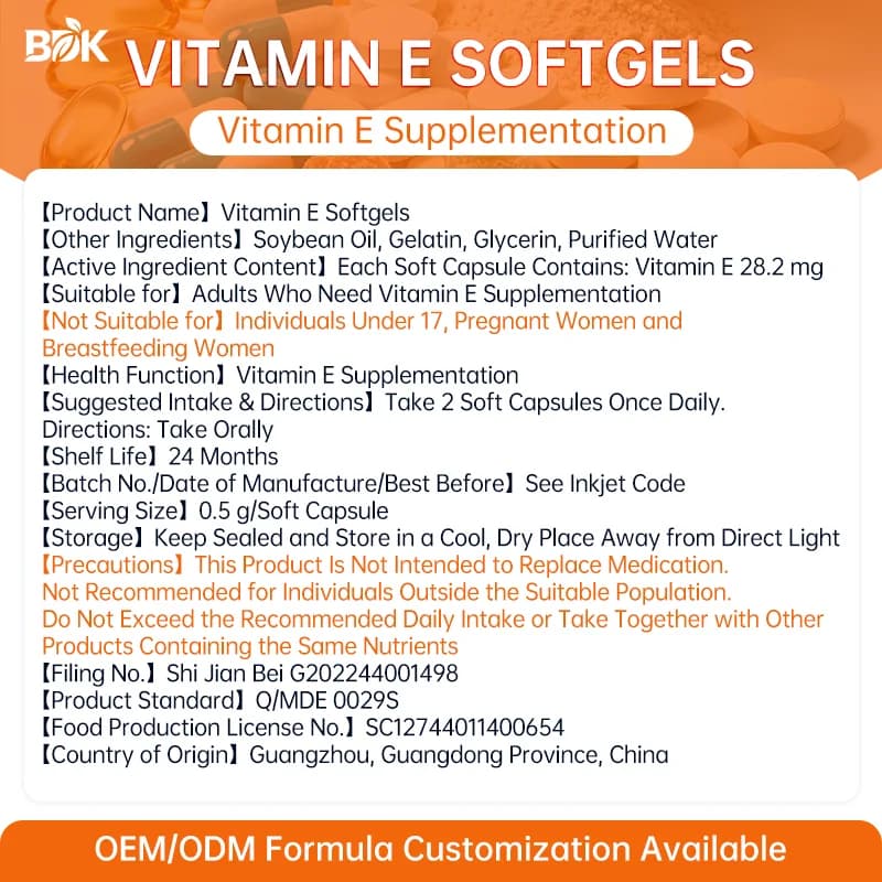 Vitamin E Softgels supplied product information with ingredients, serving size and cautions
