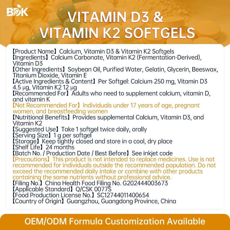 Calcium, Vitamin D3 & Vitamin K2 Softgels supplied product information with ingredients, serving size and cautions